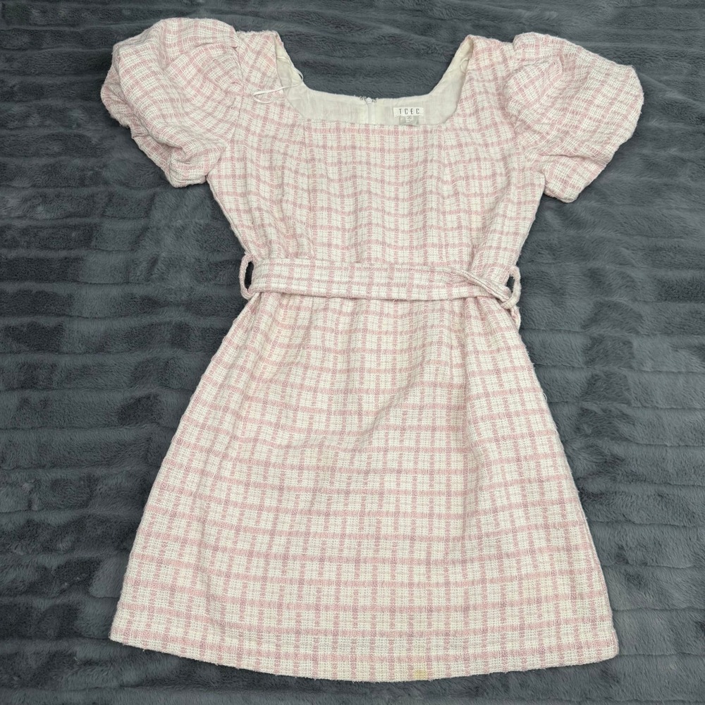 TCEC Pink White Plaid Tweed Puff Sleeve Belted Mini Dress CD02655 Large